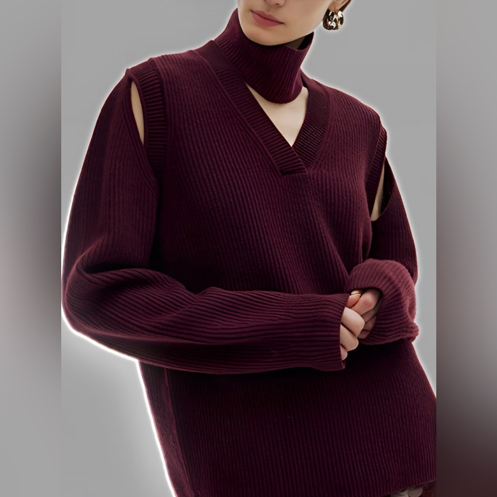 NWT Commense Oversized Burgundy V-Neck w Detachable Turtleneck Sweater - Sz M
